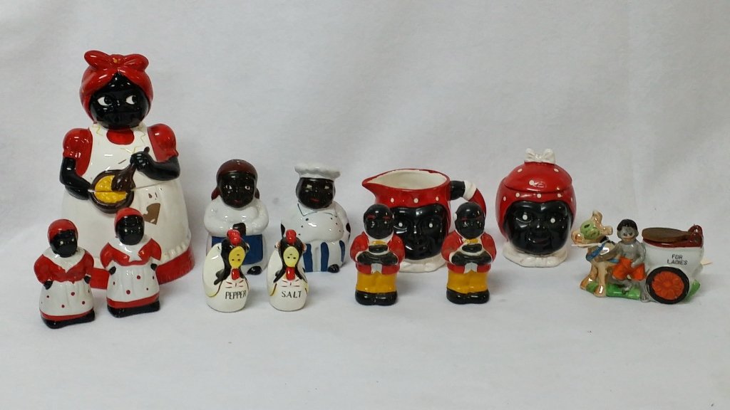 Large Black Americana Lot40: Cookie Jar, Sugar & Creamer, and an assortment of salt -n- pepper shakers