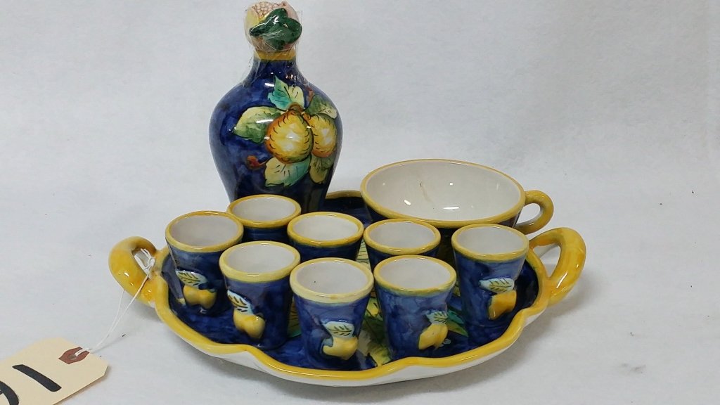 Vietri Hand Painted Italian Decanter & Glasses: Each signed " Vietri " on the bottom. 8 Shot glasses, decanter, coffee cup, and serving tray 12.5" X 10.5" X 2".