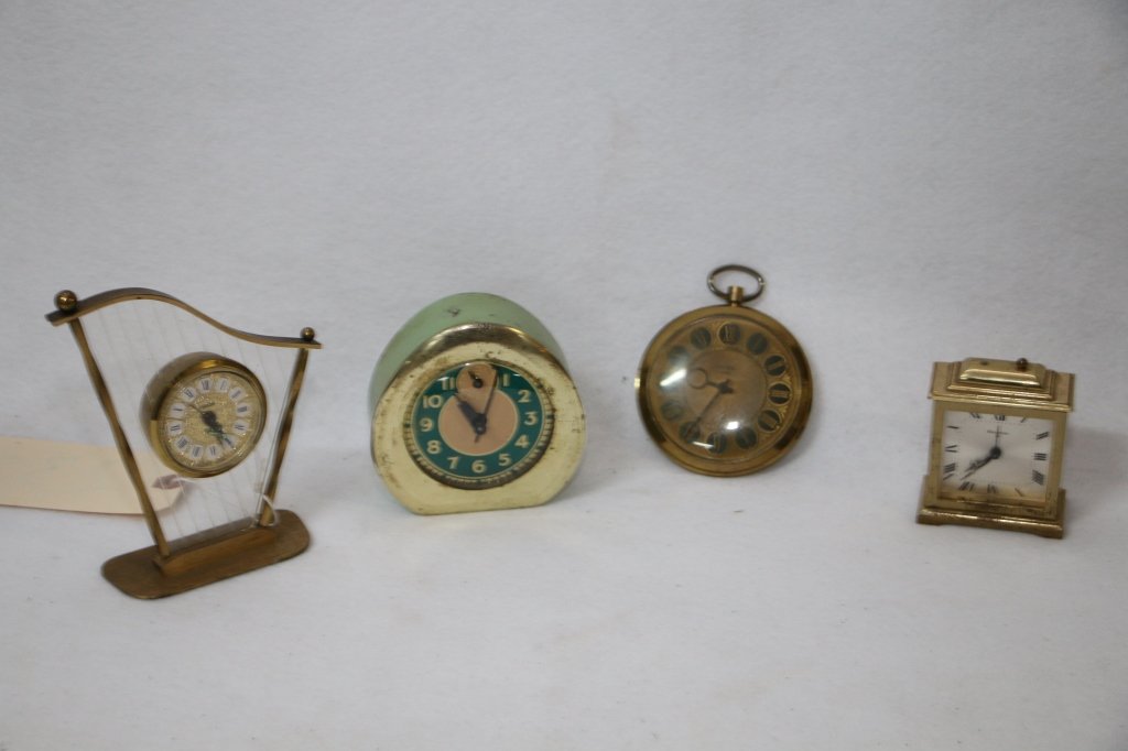 Desk Top Clocks; Bulova, Ingraham, & Overocean: 3 vintage desk clocks and a "Florn" Jewel made in Austria.