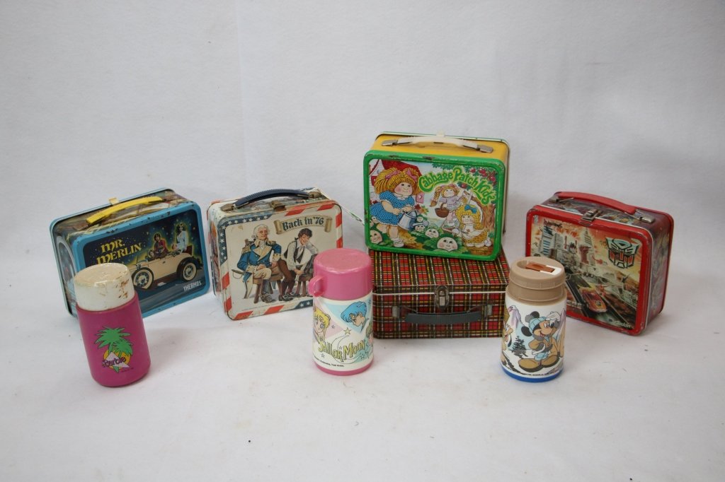 Transformers, Barbie, Mr Merlin, Cabbage Patch, &: Collection of vintage lunch boxes and thermos. Not all are complete sets.