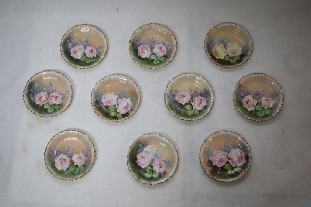L.D.B. & Co Limoges Dessert Plates;Signed "Felix": L.D.B. & Co. in Limoges, France, circa 1890-1900's. 9 of the 10 plates are pink rose design, the 10th is are yellow roses. All plates signed "Felix". 6" diameter