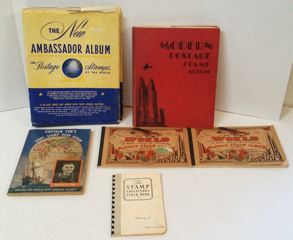 Estate Stamp Collection;Ambassador, Captain Tim's&: Captain Tim's Ivory Stamp Club Album ( pages are almost filled ), ( 2- The World US & Foreign ), Modern Postage stamp album 1930 ), The New Ambassador Album, and The Stamp Collectors Stock Book. Very 