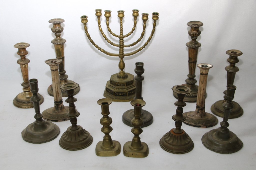 Plate & Bronze Candlesticks; Altar Candelabra: 14 Total various sizes and styles, some with very high relief. With large French bronze 7 candelabra 15" X 12.25"