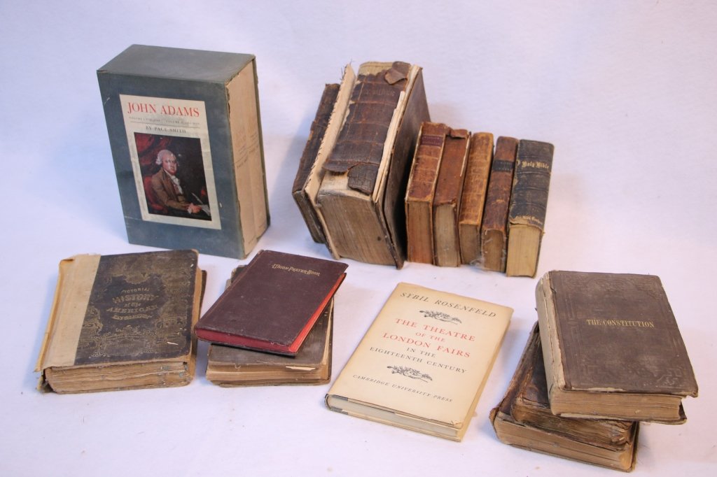 Collection of Antique 19th Century Novels & ..: First edition "John Adams" by Page Smith volumes 1 & 2, "The Constitution" 7th edition 1854, "Pictorial History of the American Revolution" 1847, "Walker's Dictionary" 1822 & 1835 edition, "History of