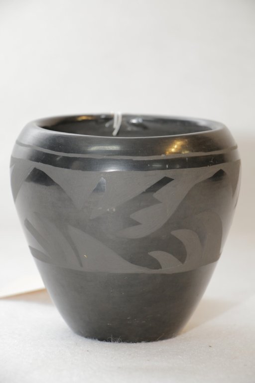 San IlDefonso Black on Black Vase; Clara Suez: Pottery by Clara Suez, hand painted by Santa Clara Pueblo.