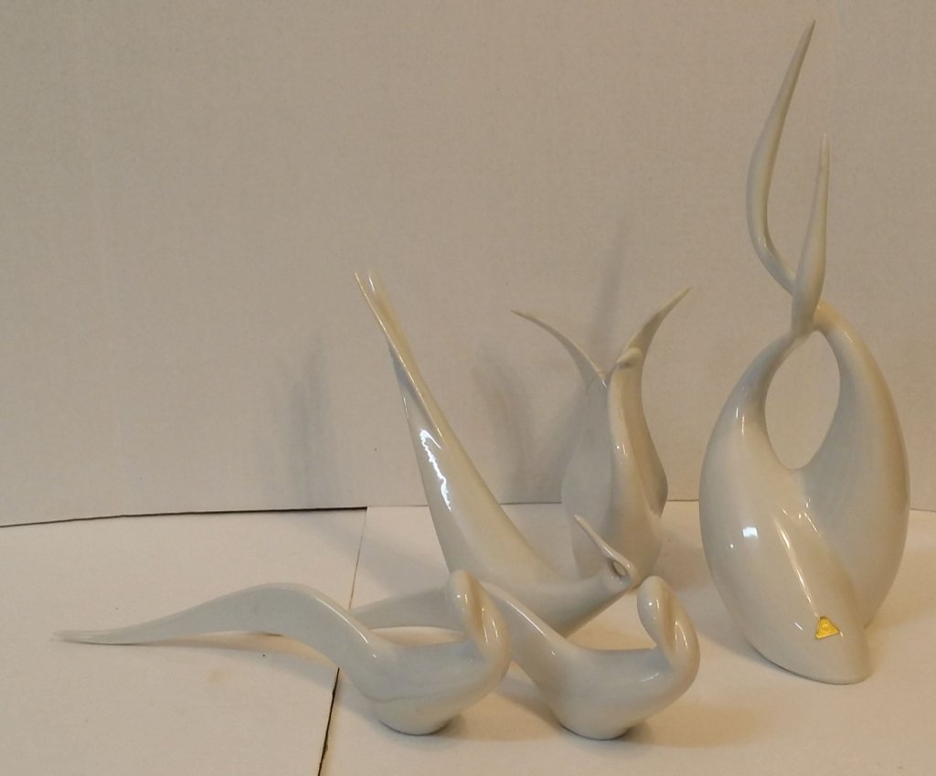 Royal Dux white on white porcelain figures, birds: 5 white on white porcelain bird figures. The swan figure has a broken and reglued wing. Tallest, 15.5" tall, longest, appx. 12.5" long. Otherwise excellent.