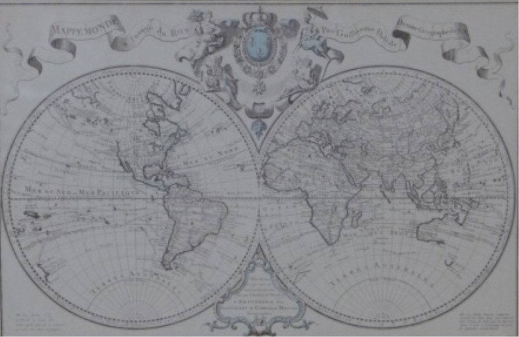 Jean Covens & Corneille Mortier, Map 1730: Vintage map, sight 18.5" X 12.75". "Mappe Monde a l'usage du Roy par Guillaume Delisle Premier Geographe de S.M." . "A. Amsterdam par/ Jean Covens et Corneille Mortier/ Geographes / 1730"
