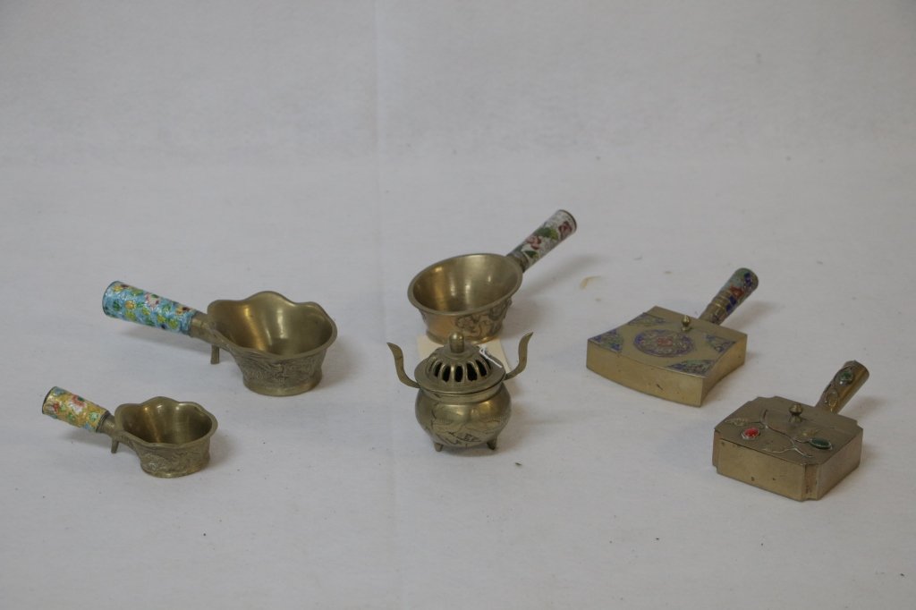 Asian Silent Butler Ashtrays or Crumb Catchers &: Small incense burner 3" X 4", 2- Asian Silent Butlers, and 3 other crumb catches or ashtrays. ( 6 total )