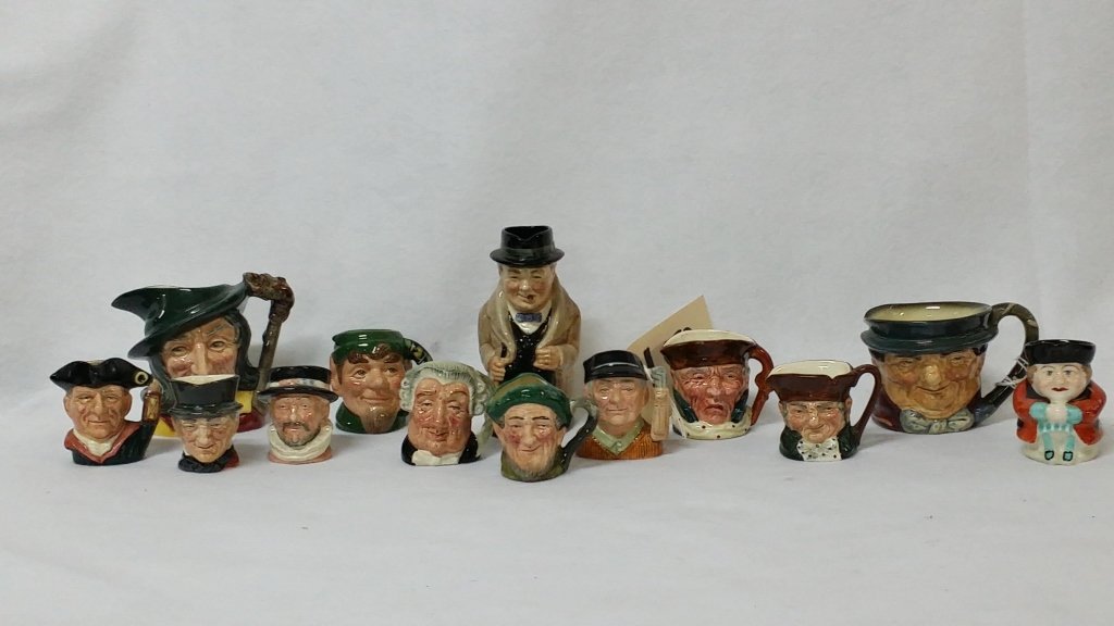 Royal Doulton Toby Mini Mugs: Pied Piper, Tony Weller, Elf, Reg, Auld Mac, The Lawyer, Beefeater, Golfer, Old Charley, Night Watchman, John Peel, and Crown Staffordshire mini mug.