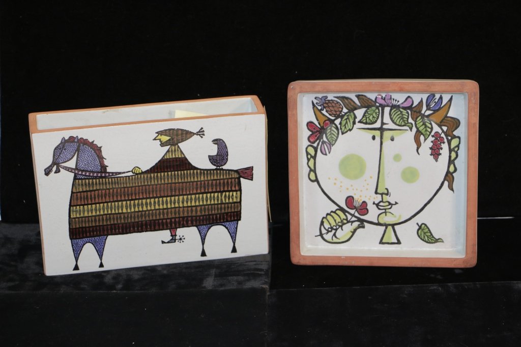 Mid Century Stig Linberg, Painted Vase & Tray: Markings on the bottoms, Gustavsberg, Sweden. Vase ( 6.75" X 9.25" X 2.25" ), Tray or Plate 8" X 8" X 1.50"