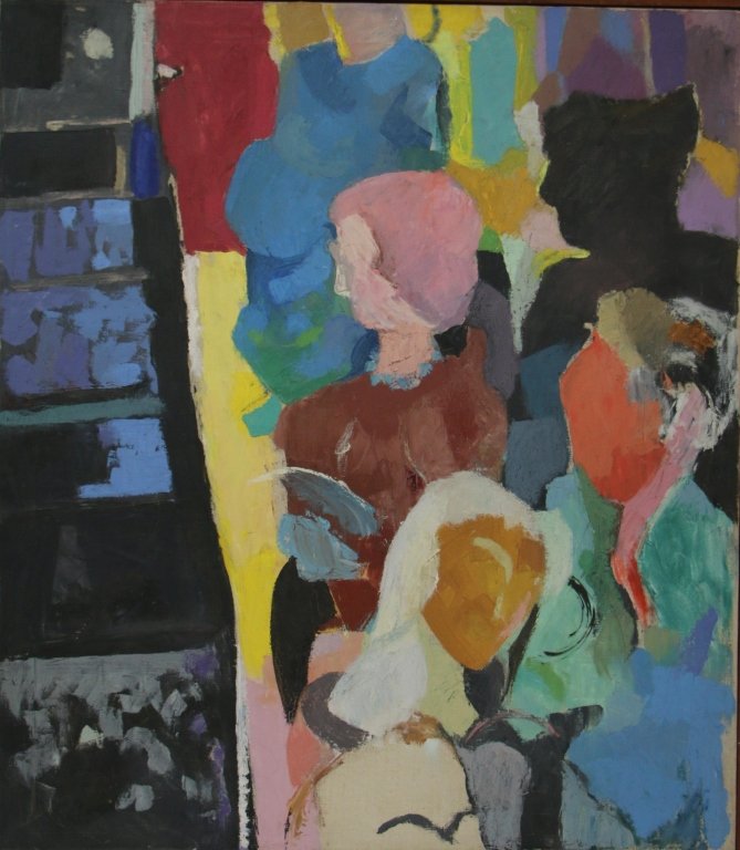 Modernist Oil on Canvas Of A Crowd "Jerome Burns": Sight 32" X 28"