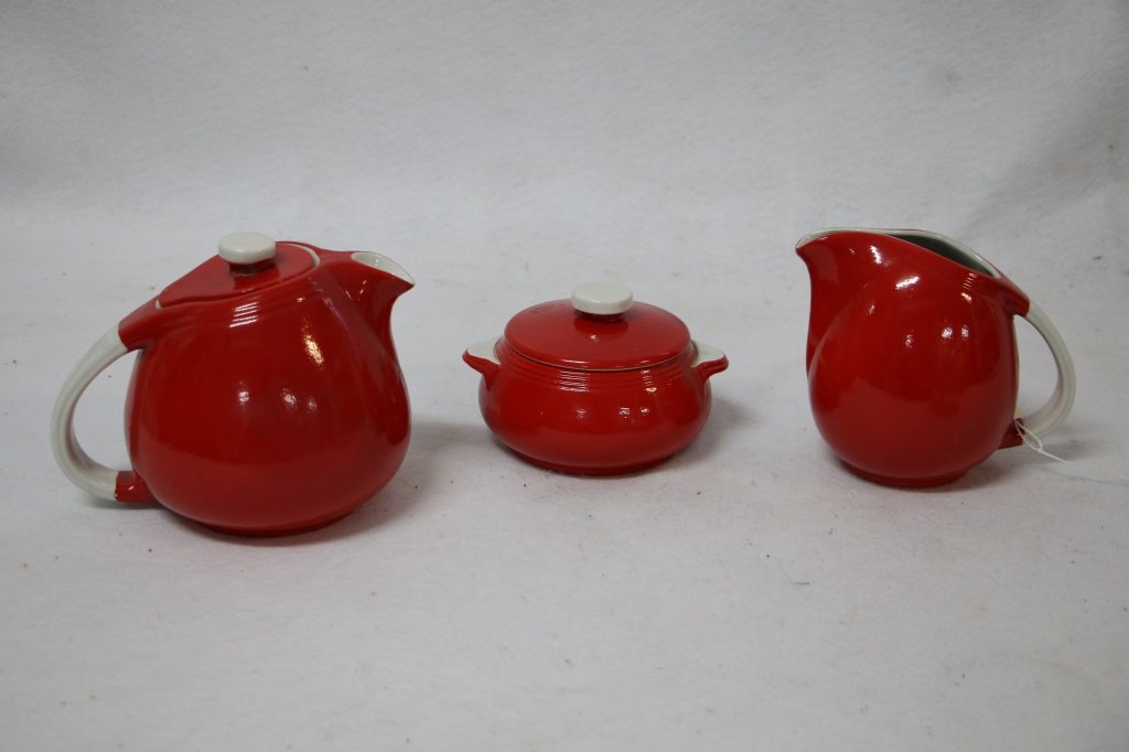 Hall China Art Deco 3 pc tea set: Creamer, sugar, tea pot. "Hall's / Superior/ Quality/ Kitchenware/ Made In/ U.S.A.".