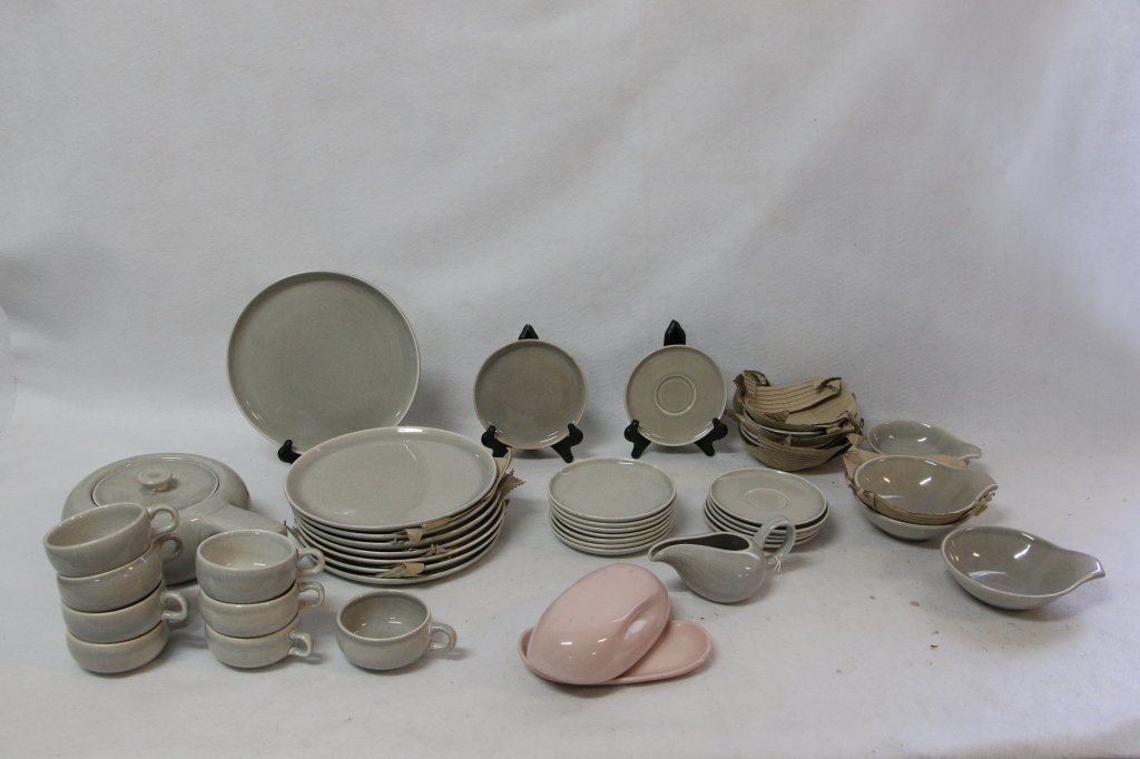 Russel Wright for Steubenville, Large Collection: Covered Casserole, 8-Dinner, 8-Dessert, 8-Coffee Cups, 6-Saucers, 9-Soup/Cream, Creamer, and pink covered butter dish(Repaired).