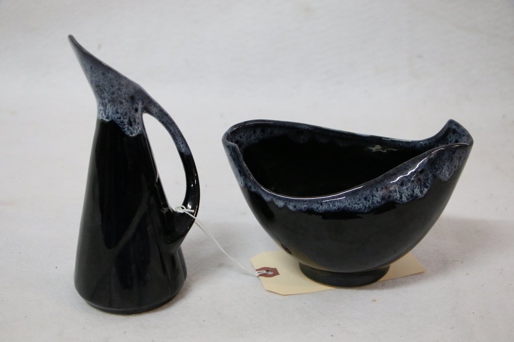 Anna Van Briggle Glazed Pottery, Ewer & Small Bowl: Both pieces are signed with place of origin (Colorado Springs). 7.5" Small Ewer, 7" X 4" X 4.25" bowl
