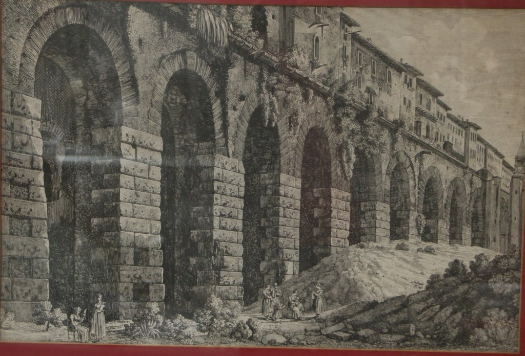 C19th Print in the Style of Piranesi: Any information is framed under the mat, sight 15.25" X 23.25"
