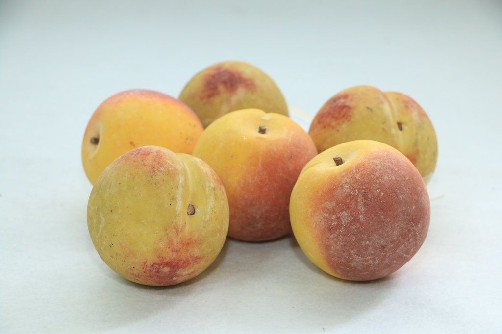 6 pc antique stone fruit lot.: Carved marble or alabaster peaches of nectarines. 3"