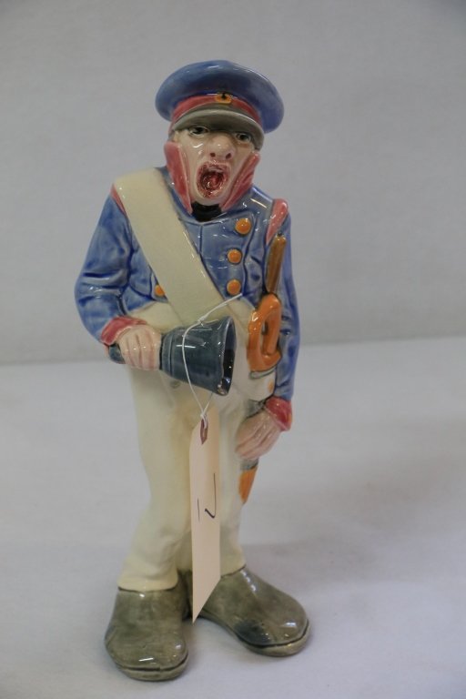 Sarreguemines "Bell Guard" Pottery Figurine: With signatures and other markings on the base. Minor chip on bell. 15".