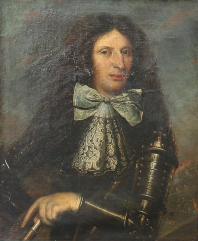 18thC (?) French or English Oil on Canvas Portrait: The portrait of a gentleman in a ruffled shirt with a ribbon at his neck. His arms are clad in armor, and he holds a cane (?) in one hand. Sight size 24.25" x 29.5", frame 33.25" x 38 3/8". Condition 