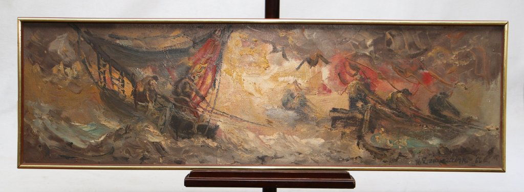 Vintage Modernist Oil on Board, 1966: 12.5" tall x 41.5" long. Fishermen at work. signed illegibly lower right. With "Carus Gallery" label verso.