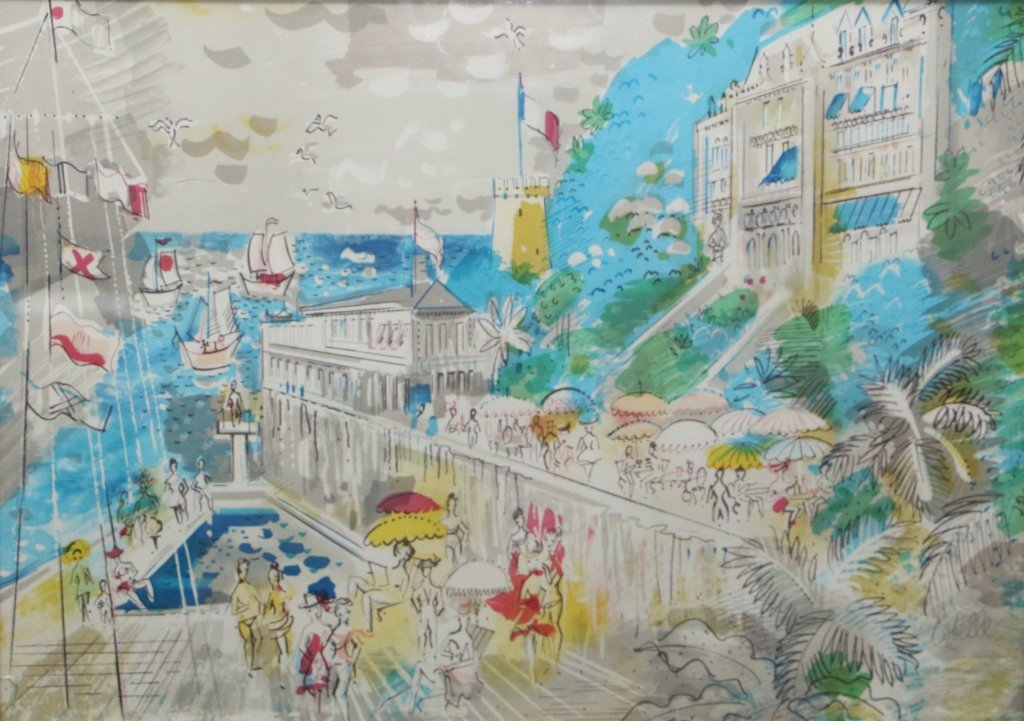 Charles Cobelle Pencil Signed Lithograph.: Scene of people on the French Riviera. The 19.75" high x 27.5" wide litho signed lower right Cobelle and numbered 51 / 350. Glass as is.