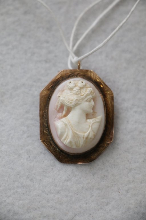 A 10k Gold Carved Coral Cameo.: The cameo set in antique frame, approx 1 1/2" x 1 1/8", No damage to cameo, frame with very slight bending. Can be worn either as a pin or a pendant.