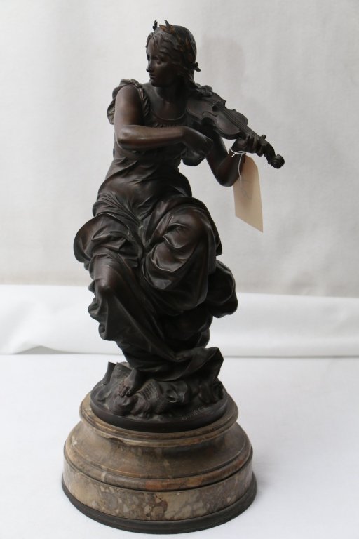 Large Bronze Sculpture by Bouret: Bronze figure after Eutrope Bouret (French, 1833-1906). Woman playing violin, lacking bow. Appx. 26.5" tall overall, marble base appx. 5".