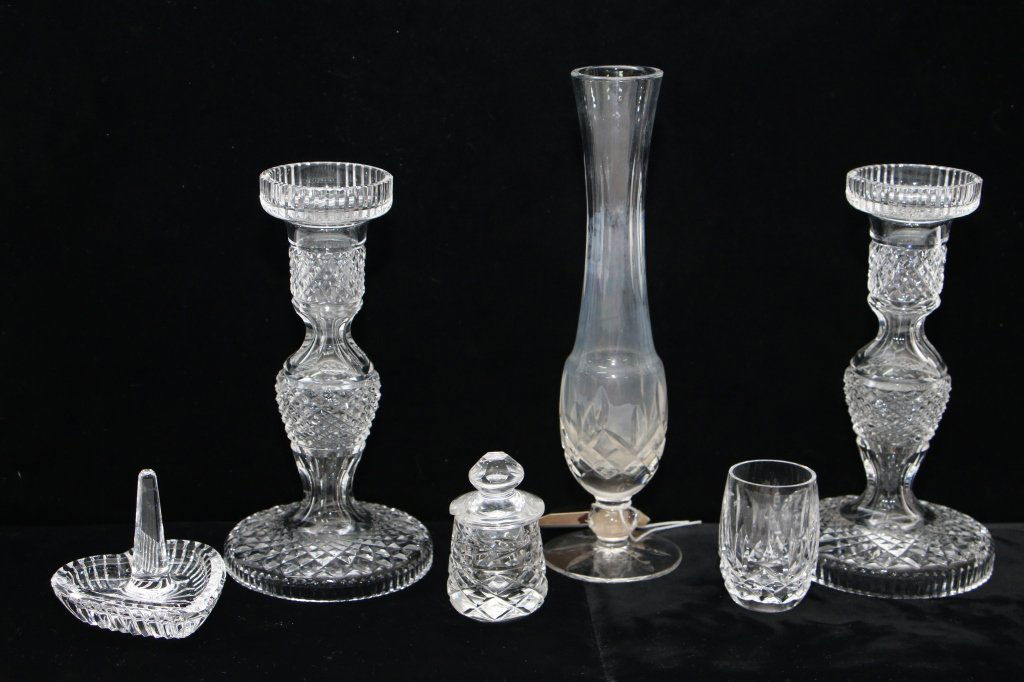 Waterford glass lot: Tall vase, heart shaped ring holder, shot glass, mustard pot, and a pair of NOT Waterford candlesticks. 6 pcs.