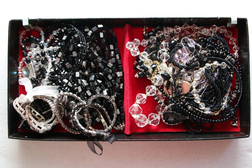 Large lot of beaded, crystal necklaces & bracelets: Large lot, mostly black and crystal.