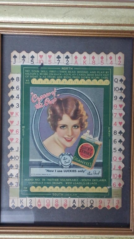 1940s LUCY STRIKE CIGARETTE Advertising Card Game: Cream of the Crop cigarette advertising game. Featuring " Sue Carol ", framed 7" X 9"