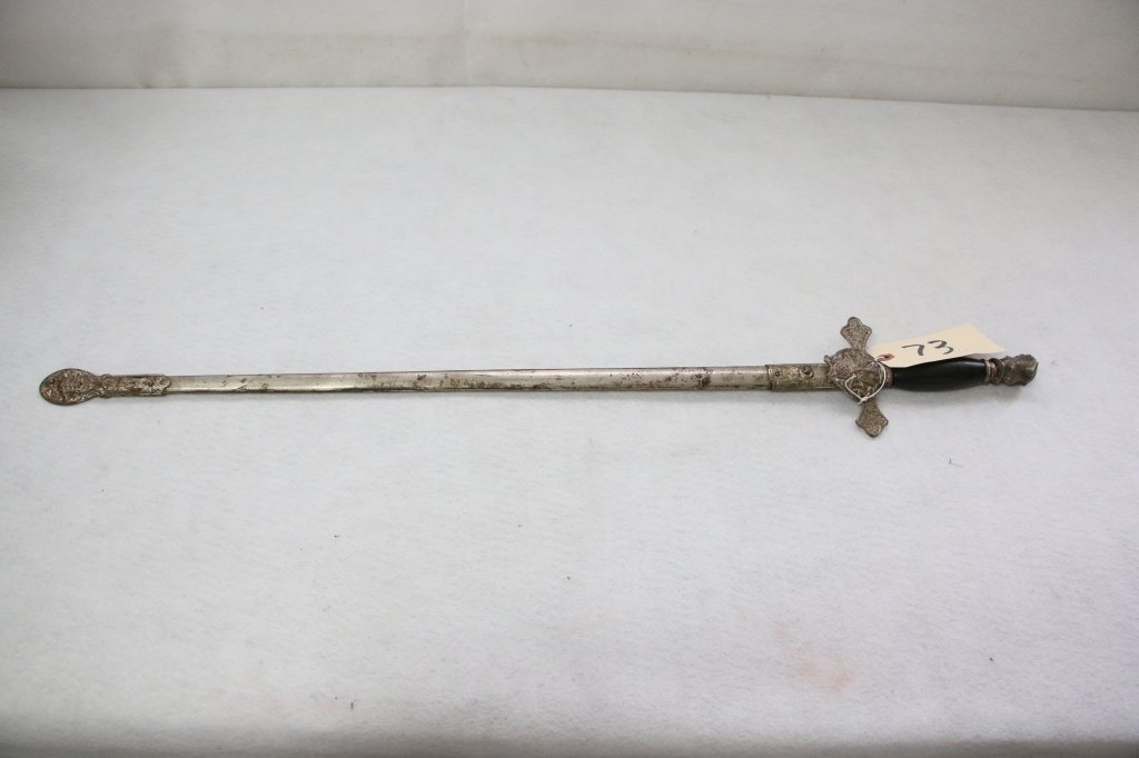 Nights of Columbus ceremonial sword: Blade is 28" long. K. of C. insignia on blade, hilt and scabbard.