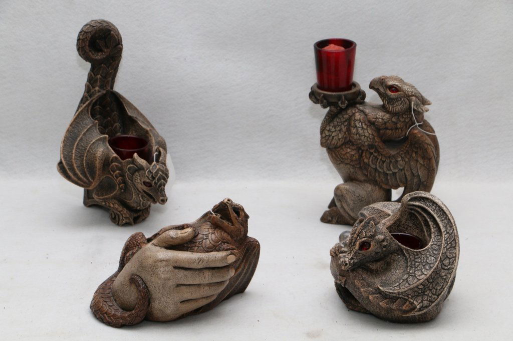 4 Windstone Editions Dragon candle holders: 2 mantel and 2 for hanging on the wall. 1 missing red glass