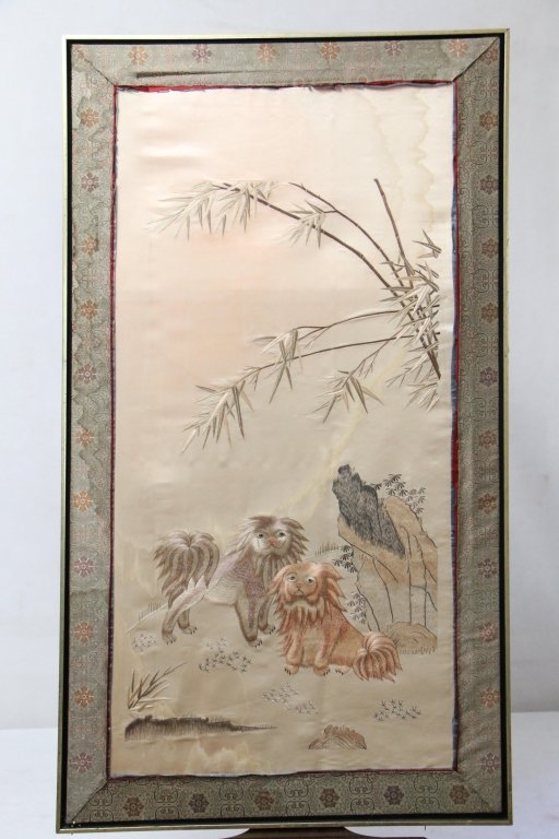 Antique Chinese Silk Panel with Pekingese Dogs: A Chinese silk panel depicting 2 small dogs. Appx. 25" x 44.25", silk only 19" x 38". Some light water staining, no rips or tears.
