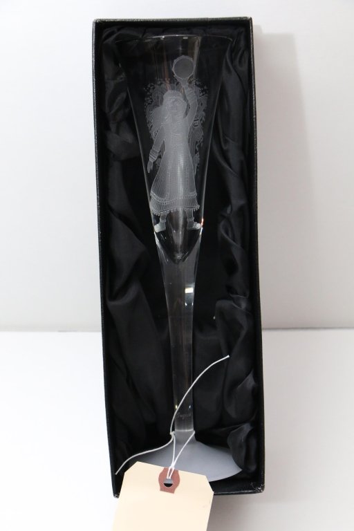 A Judaica "Cup of Miriam" Champagne Glass.: The glass 11.75" tall, with engraved dancing woman and Hebrew writing. As new, boxed. New old stock?