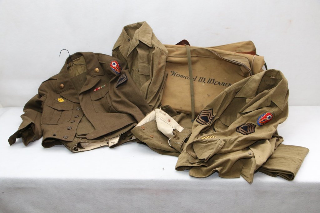 Sergeant First Class E-7, H. Werner Army Uniforms: Sergeant Howard W. Warner's filed dress and parade uniforms. European Theater of Operations, Sergeant First Class E-7, and Overseas Service Bar patches. With suitcase.