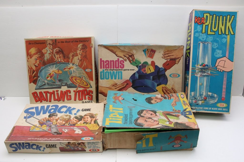 Lot of 5 "IDEAL" Vintage Games: Ker Plunk, Tip It, Swack!, Hands Down, & Battling Tops Game, All as found.