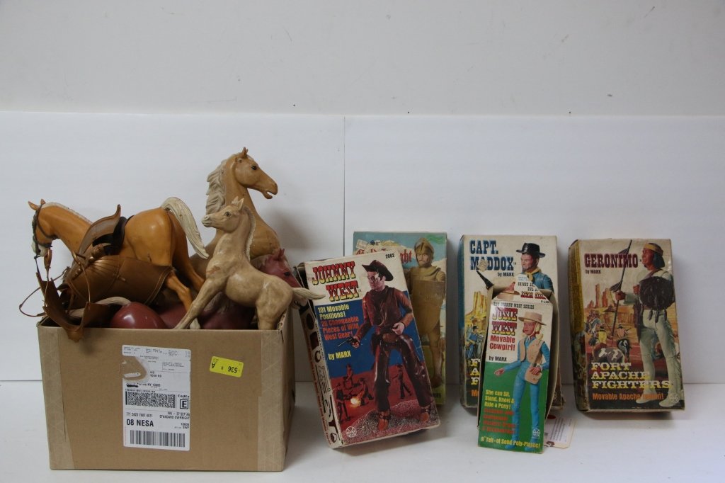 Awesome Collection! MARX Movable Figures & Horses: Johnny West, Capt. Maddox, Geronimo, Gold Night, and Josie West. The boxes are opened and pieces are mixed among the boxes( as pictured) some need repair. as found.