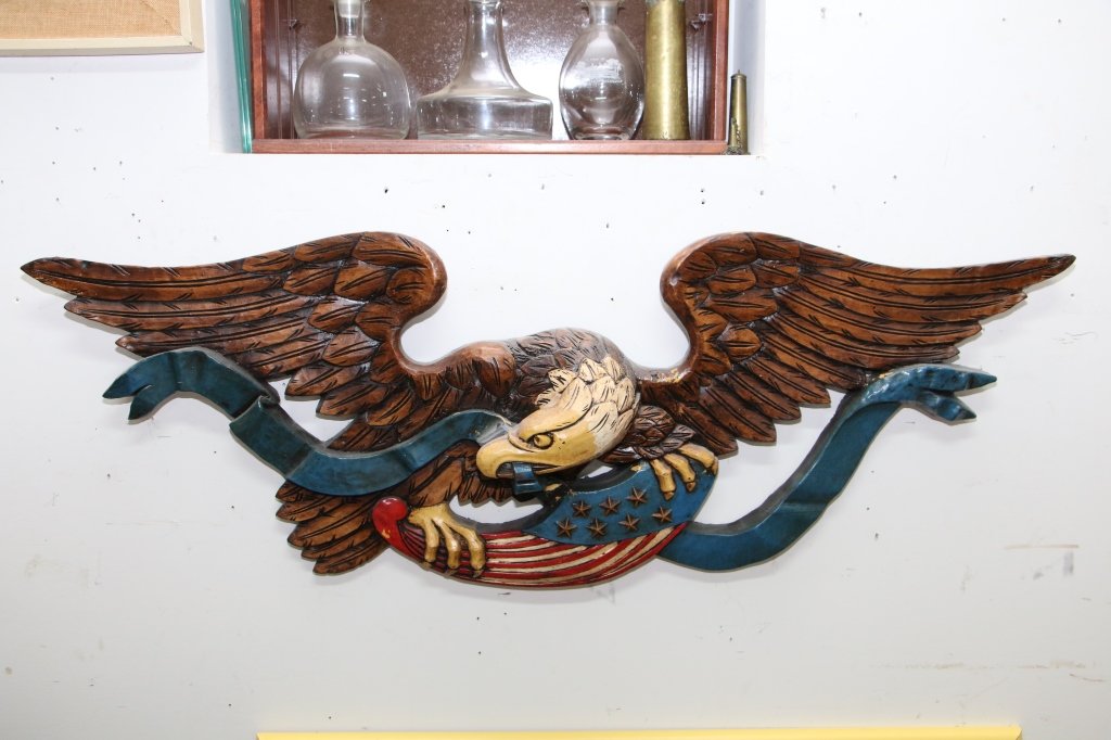 Large Painted American Bald Eagle, W/ Flag: 46.5" X 17"