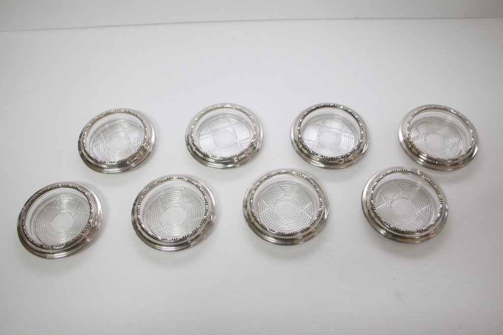 Set of 8 Sterling silver and glass coasters: 8 Amston sterling & glass coasters.