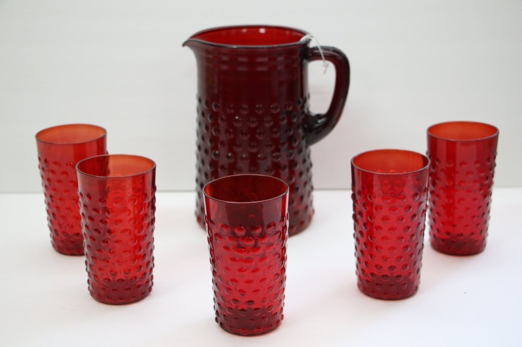 Vintage Red Bubble Glass Water Pitcher & 5 Glasses: The pitcher sands 8"