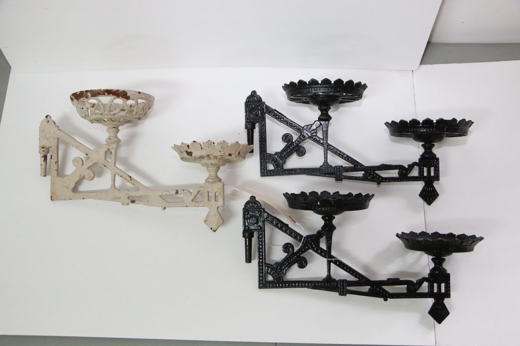 3 Victorian Cast Iron 2 Dish Brackets.: Includes a pair painted black (5.5" w x 14.5" deep) and a similar with white paint. (5.5" w x 14.5" d)