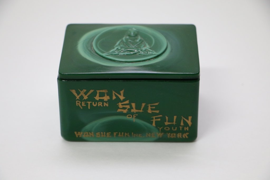 Green Glass Perfume Advertising Box.: Wan Sue Fun Return of Youth in gold on side. 3.25" w x 2.5" d x 2" h.