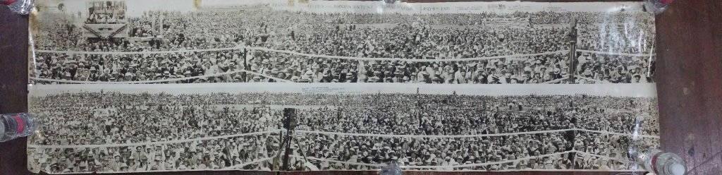 Antique Panoramic Boxing Photo Jeffries Johnson: July 4, 1910. Incredible panoramic boxing photo. "Panorama of the Jeffries and Johnson Contest Reno Nevada July 4th 1910 Taken 30 minutes before contest gate $270,775 purse $121,000 Attendance 19 to 2