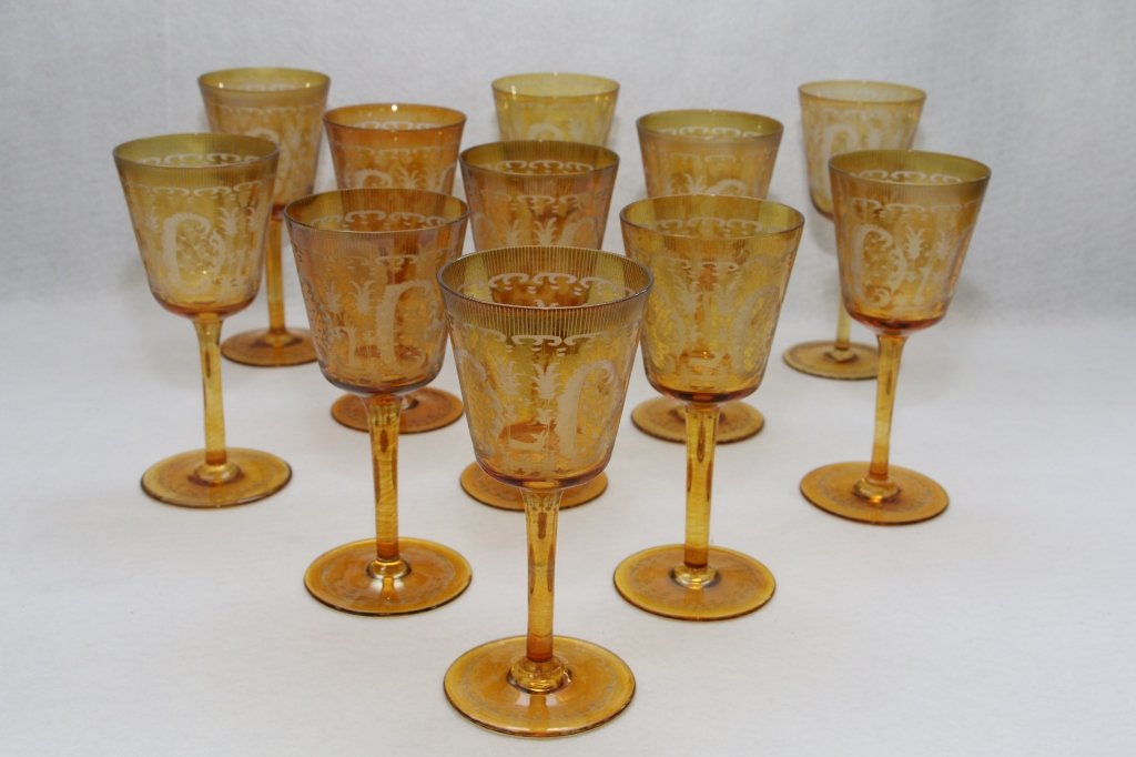 Set of 11 Yellow Amber Bohemian Glass Goblets (1 of 6)