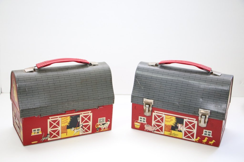 2 1970's Thermos Dome Style Farm House Lunch Boxes: With Thermos's, minimal paint loss.