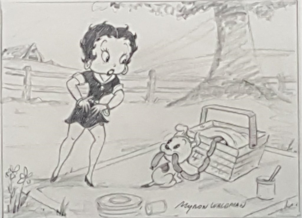 Original Pencil Betty Boop Drawing, Myron Waldman: To Lisa on the matting not the picture. Signed Myron Waldman on the lower right.