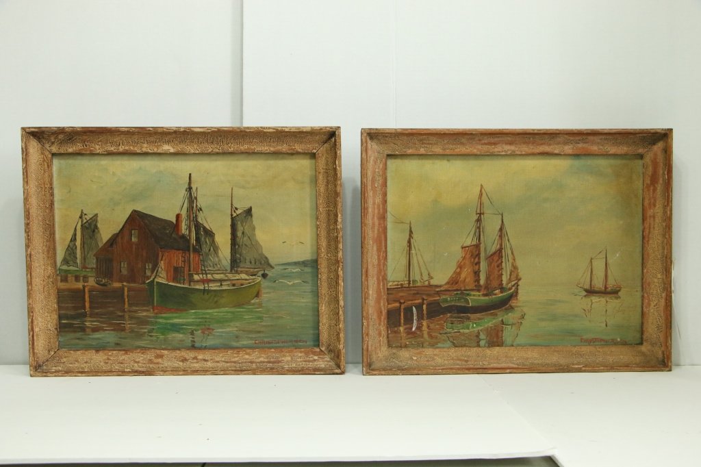 Pair of Harbor oil paintings Signed Christophersen (1 of 6)