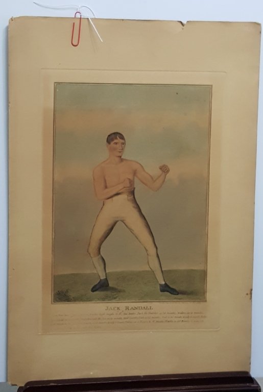 Antique Boxing Print "Jack Randall": London, May 6 1820, Pub. By S.W. Forbes 41 (?) Piccadilly. Some toning. Plate bite size apx. 16" x 11". Ex. collection of Nat Fleischer. Note a 2007 Sotheby's auction result of a lot of 2 prints, one 