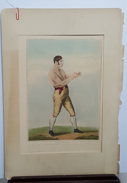 John Martin antique colored boxing print: Drawn & Etched from life by Easton. Unframed. Print bite size appx. 16.25" x 11.5". London, Pub. Feby 1st, 1819, by S.W. For??, 50 Piccadilly. Ex colection Nat Fleischer.