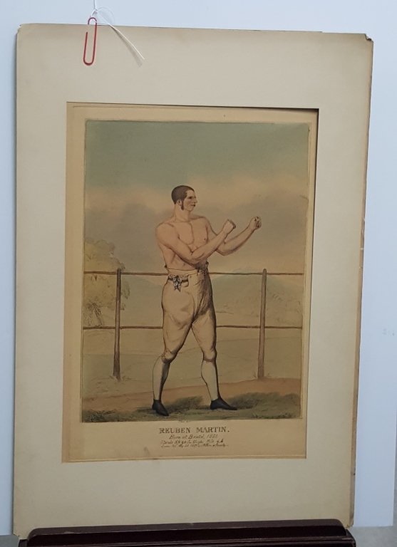 Antique Boxing Print- "Reuben Martin" C. 1827: Unframed colored print of "Reuben Martin". Plate bite size appx. 15.5" x 10.5". "T. Jones Fect", "London Published May 20 1827 by W. Fores, 41 Piccadilly". Ex. Colection of Nat Fleischer.