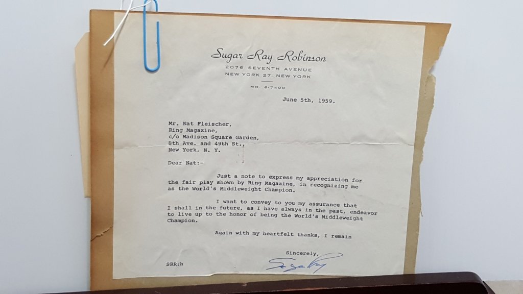 Sugar Ray Robinson TLS 1959 (Boxer): A typewritten letter, signed, from famed boxer Sugar Ray Robinson. The letter dated June 5th, 1955. A warm personal note to Nat Fleischer (Editor of Ring Magazine) thanking Fleischer for recognizing L